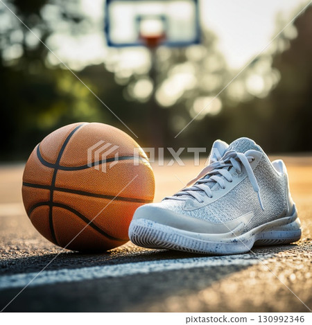 Basketball shoe and ball on a sunlit court during evening practice session Basketball shoe and ball on a sunlit court during evening practice session 130992346