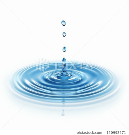 Water droplets create ripples in a calm blue surface, showcasing fluid dynamics and tranquility 130992371