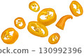 Falling chili pepper slices isolated on white background with clipping path, package design element, full depth of field 130992396