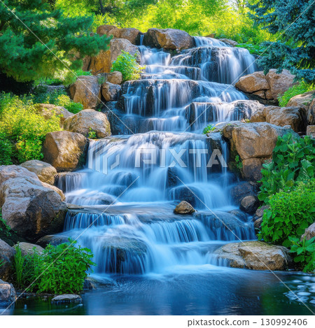 Water cascades down a rocky waterfall amidst lush greenery in a serene natural setting 130992406