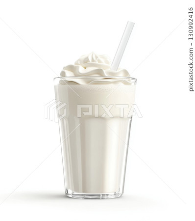 Creamy milkshake served in a tall glass with whipped cream and a straw, perfect for hot days 130992416