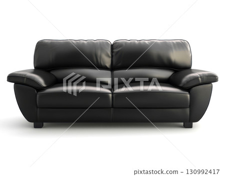 Black leather sofa set in a modern living room with minimalistic decor 130992417
