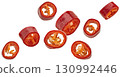 Falling red chili pepper slices isolated on white background with clipping path, package design element, full depth of field 130992446