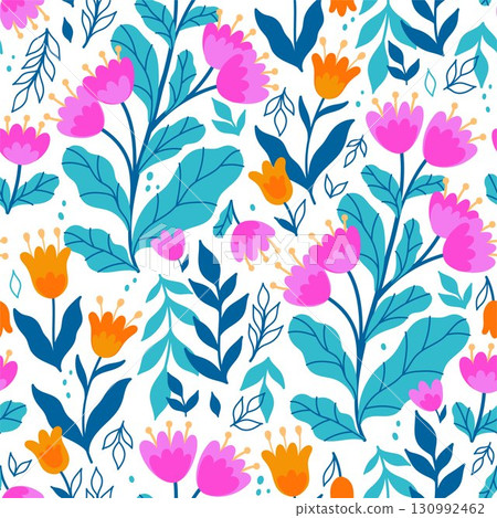 Seamless pattern with pink and orange flowers on a white background. Vector graphics. Seamless pattern with pink and orange flowers on a white background. Vector graphics. 130992462