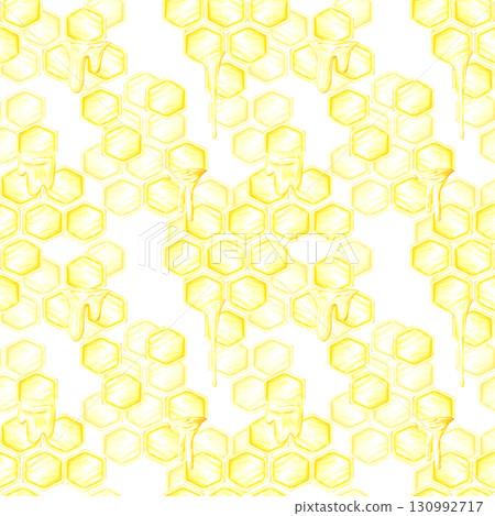 Golden honey comb and liquid seamless pattern, hand drawn watercolor cell illustration isolated on white background. Can be used for wrapping, textile scrapbook and other printed products. 130992717