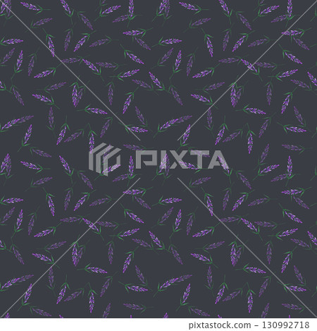Purple lavender flowers, hand drawn watercolor seamless pattern. Illustration isolated on dark background. Can be used for textile, fabric scrapbook and other printed products. 130992718