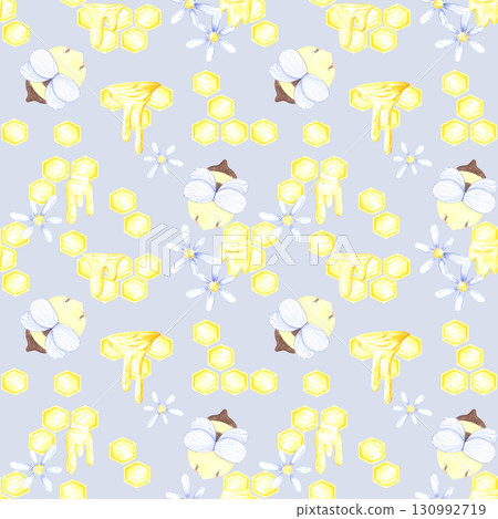 Golden honey comb and liquid with cute bees and flowers seamless pattern, hand drawn watercolor illustration isolated on blue background. Can be used for wrapping, textile and other printed products. 130992719