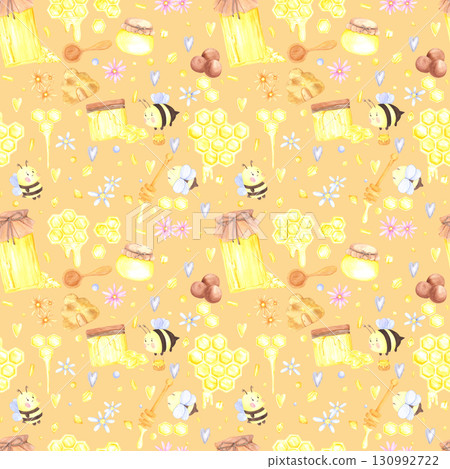 Golden honey comb hive jars and bees seamless pattern, hand drawn watercolor illustration isolated on orange background. Can be used for textile, wrapping and other printed products. Golden honey comb hive jars and bees seamless pattern, hand drawn watercolor illustration isolated on orange background. Can be used for textile, wrapping and other printed products. 130992722