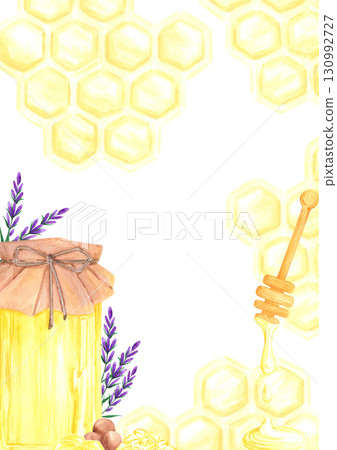 Golden honey comb with honey jar and lavender postcard frame border, hand drawn watercolor illustration isolated on white background. Can be used for cards, invitation and other printed products. Golden honey comb with honey jar and lavender postcard frame border, hand drawn watercolor illustration isolated on white background. Can be used for cards, invitation and other printed products. 130992727