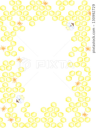 Golden honey comb with marigolds and bees postcard frame border, hand drawn watercolor illustration isolated on white background. Can be used for cards, invitation and other printed products. Golden honey comb with marigolds and bees postcard frame border, hand drawn watercolor illustration isolated on white background. Can be used for cards, invitation and other printed products. 130992729