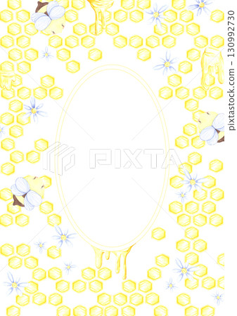 Golden honey comb postcard frame border, hand drawn watercolor with bees and chamomile illustration isolated on white background. Can be used for cards, invitation and other printed products. 130992730