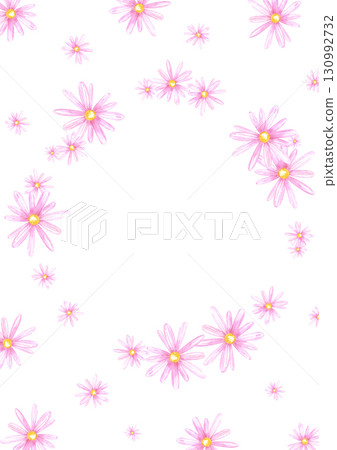 Pink chamomile flowers postcard frame border, hand drawn watercolor illustration isolated on white background. Can be used for poster, invitation and other printed products. Pink chamomile flowers postcard frame border, hand drawn watercolor illustration isolated on white background. Can be used for poster, invitation and other printed products. 130992732