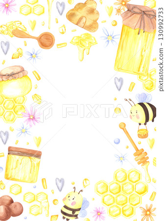 Golden honey comb with honey jar propolis and bees postcard frame border, hand drawn watercolor illustration isolated on white background. Can be used for cards, invitation and other printed products. 130992733