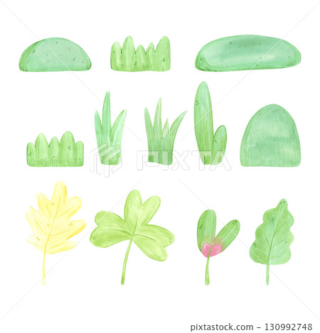 Hand drawn watercolor set of hummocks leaves and grass illustration isolated on white background. Can be used for postcard, label, scrapbook and other printed products. Hand drawn watercolor set of hummocks leaves and grass illustration isolated on white background. Can be used for postcard, label, scrapbook and other printed products. 130992748