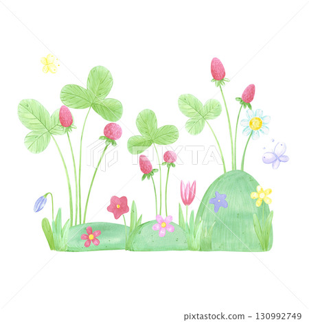 Hand drawn watercolor wild strawberry flowers and butterflies composition. Illustration isolated on white background. Can be used for postcard, label, scrapbook and other printed products. 130992749