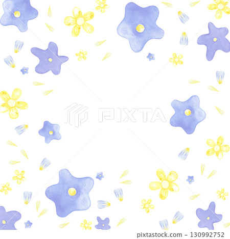 Hand drawn watercolor blue and yellow flowers and petals frame border. Illustration isolated on white background. Can be used for postcard, scrapbook and other printed products. 130992752