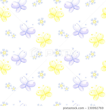 Hand drawn watercolor butterflies and forget-me-nots seamless pattern. Illustration isolated on white background. Can be used for textile, fabric, scrapbook and other printed products. 130992769