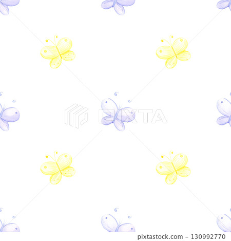 Hand drawn watercolor blue yellow butterflies seamless pattern. Illustration isolated on white background. Can be used for textile, fabric, scrapbook and other printed products. 130992770