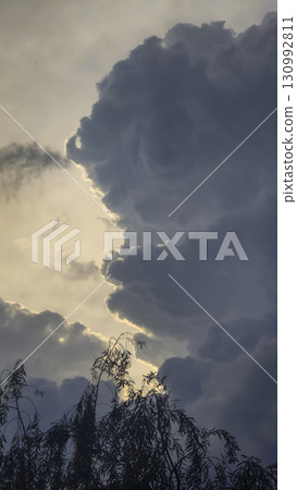 Blue sky with clouds, thunderclouds, summer weather. Sunset. White clouds. Blue sky with clouds, thunderclouds, summer weather. Sunset. White clouds. 130992811