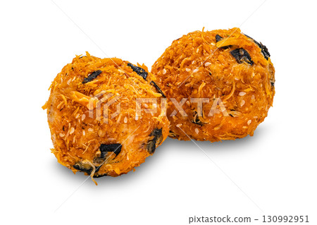 Shredded chicken cakess or chicken floss cakes isolated on white background. 130992951