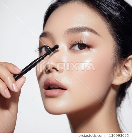 Model applying mascara in a beauty studio with natural lighting while showcasing flawless skin and elegant makeup 130993035