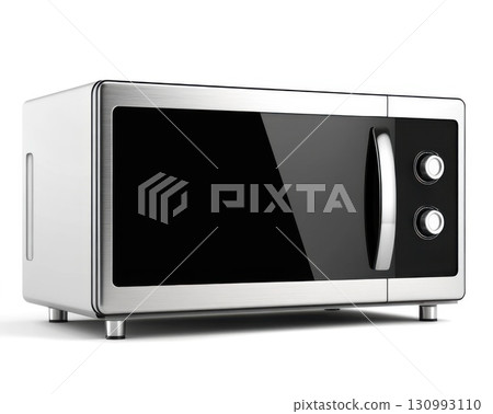 Modern stainless steel microwave oven placed on a kitchen counter with sleek design and user-friendly knobs 130993110