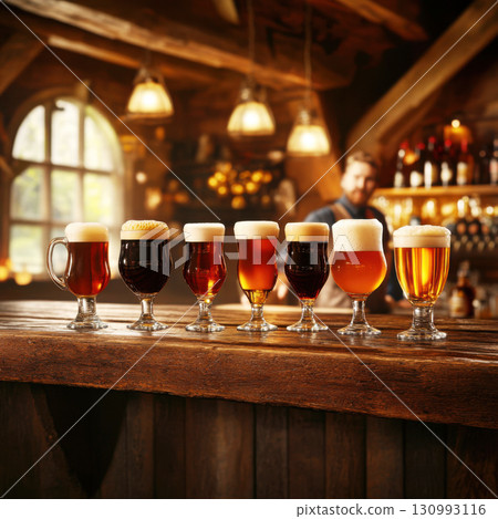 Different types of beer served in glasses on a bar counter inside a rustic tavern Different types of beer served in glasses on a bar counter inside a rustic tavern 130993116