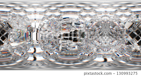 A seamless HDRI environment map with intricate kaleidoscopic symmetry. Features refractive crystal-like structures, geometric patterns, and a monochrome color scheme with chromatic dispersion. 130993275
