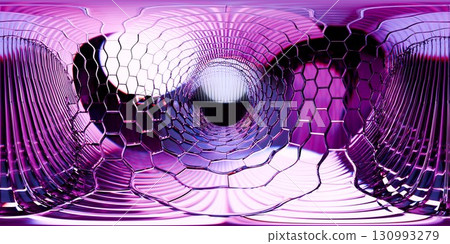 360 HDRI with futuristic hexagonal tunnel in vivid violet tones. Perfect for 3D renderings, sci-fi scenes, VR environments, and immersive lighting effects.	 130993279