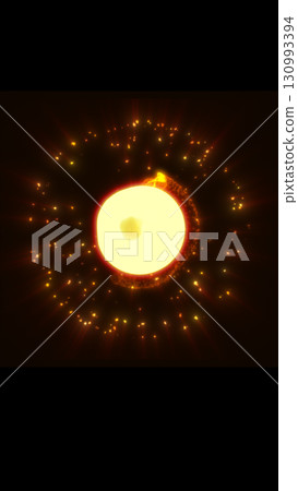 A glowing central orb with radiant yellow flares and fiery tendrils surrounded by floating golden particles in dark space A glowing central orb with radiant yellow flares and fiery tendrils surrounded by floating golden particles in dark space 130993394