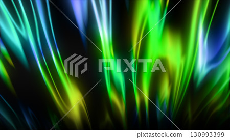 Vivid neon light trails in shades of pink, blue, and green flowing across a dark background in abstract motion 130993399