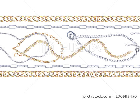 Seamless border with silver and gold chains. Isolated watercolor illustration for postcards, jewelry store discount coupons, interior design, and packaging. Seamless border with silver and gold chains. Isolated watercolor illustration for postcards, jewelry store discount coupons, interior design, and packaging. 130993450
