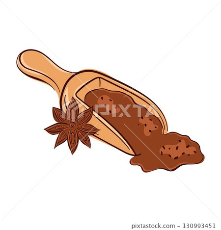 Illustration of cinnamon ground spice in a wooden scoop with star anise on a white background in flat style. 130993451