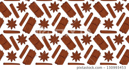 Seamless flat style pattern with cinnamon stick and star anise. Perfect for spice textile design, delivery packaging, background decor and seasonal kitchen or culinary theme. Seamless flat style pattern with cinnamon stick and star anise. Perfect for spice textile design, delivery packaging, background decor and seasonal kitchen or culinary theme. 130993453
