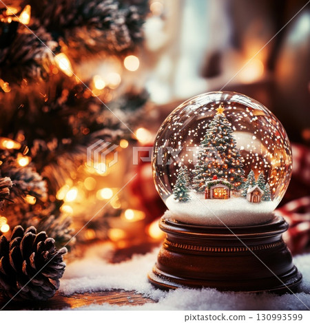 Christmas snow globe with festive tree and lights 130993599