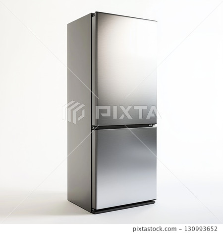 Modern stainless steel refrigerator showcased on a bright backdrop in a minimalist setting Modern stainless steel refrigerator showcased on a bright backdrop in a minimalist setting 130993652