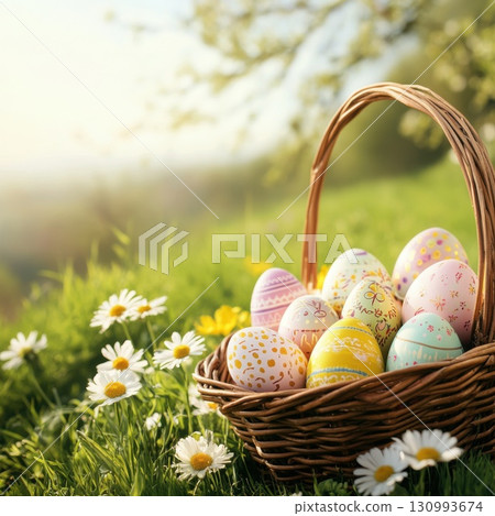 Colorful Easter eggs gathered in a wicker basket resting on fresh grass with blooming daisies under warm sunlight Colorful Easter eggs gathered in a wicker basket resting on fresh grass with blooming daisies under warm sunlight 130993674