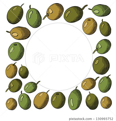 Olive berry circle round square frame template. Vector graphic line ink colored illustration. Use for cosmetic package, shop, store, products, spa salon, wellness program, skin. Olive berry circle round square frame template. Vector graphic line ink colored illustration. Use for cosmetic package, shop, store, products, spa salon, wellness program, skin. 130993752