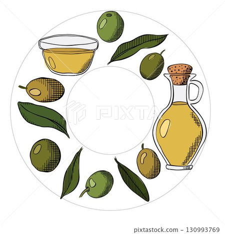 wreath of olive, olive festival in Spain, Olive oil, green berry and leaves circle round frame template. Vector graphic line ink colored illustration. for package, holiday design, fabric and textile. 130993769