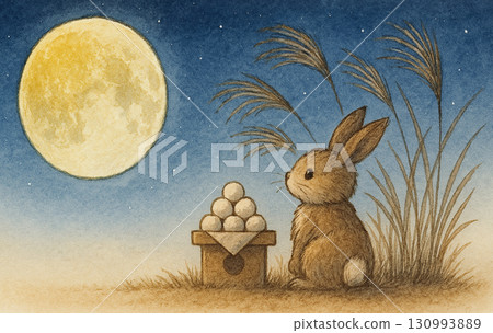 滿月、芒草、賞月的兔子和餃子的插圖，滿月、中秋月、日式風格、秋天的夜空 130993889