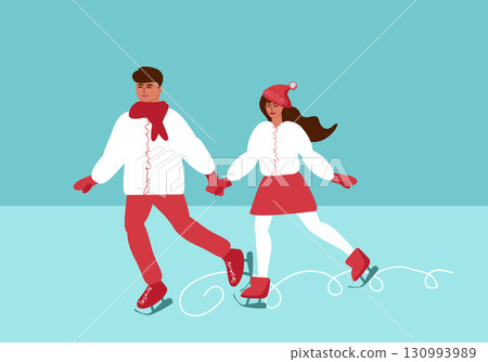 Young couple skating on ice on rink outdoors Young couple skating on ice on rink outdoors 130993989