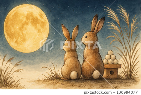 A couple of rabbits looking up at the full moon and moon-viewing dumplings, a full moon, a mid-autumn harvest moon, a romantic autumn illustration 130994077