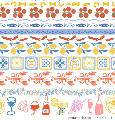 Italian la Dolce Vita striped seamless pattern. Mediterranean summer vector print, wallpaper. Lobsters, lemons 130994081