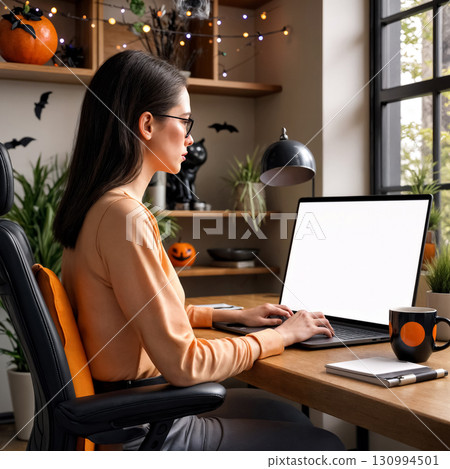 woman wearing glasses works on a laptop while sitting in an office decorated for halloween woman wearing glasses works on a laptop while sitting in an office decorated for halloween 130994501