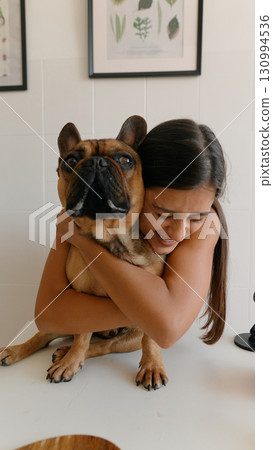 A woman joyfully embracing her adorable French Bulldog in a cozy, warm setting at home 130994536