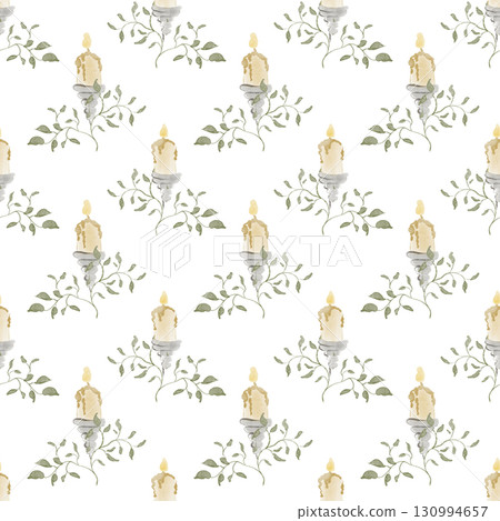 Hand drawn seamless pattern with candles, flames, and leaves. Watercolor illustration for wrapping paper, fabric, textile, or background design. Hand drawn seamless pattern with candles, flames, and leaves. Watercolor illustration for wrapping paper, fabric, textile, or background design. 130994657