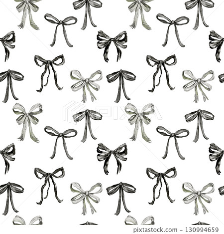 Seamless pattern with black watercolor bows. Ideal for packaging, fabric, art, and printable designs. Hand drawn elements for festive and creative projects. 130994659
