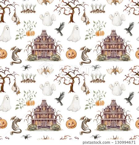 Halloween seamless pattern with haunted castle, bats, pumpkins and ghosts. Watercolor illustration for digital paper, textile, wrapping, wallpaper and Halloween background. 130994671
