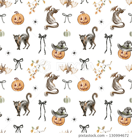Halloween seamless pattern with watercolor pumpkins, black cats, ghosts, bats, witch hat. Digital paper for fabric, wallpaper, wrapping paper, nursery, printable clipart. 130994672