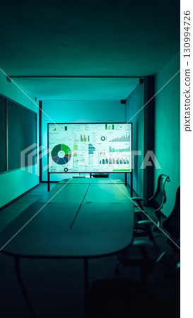 Meeting Room Projection: A contemporary, tranquil meeting room glows with an impressive digital display showcasing business charts, with empty seats surrounding a lengthy table. 130994726